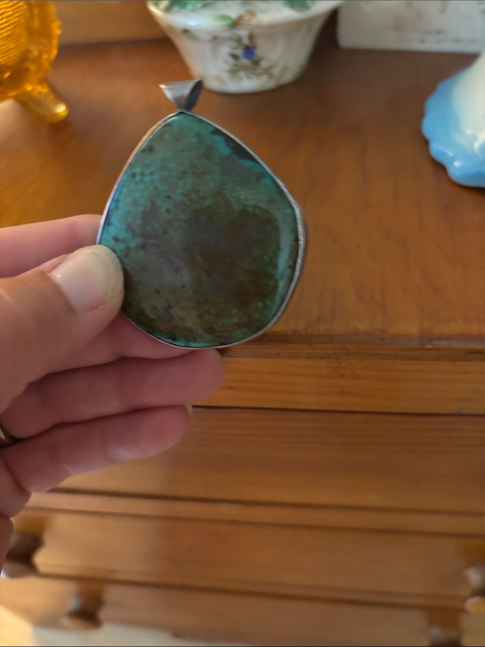 Large Teardrop Green turquoise Stone Pendant Sterling silver